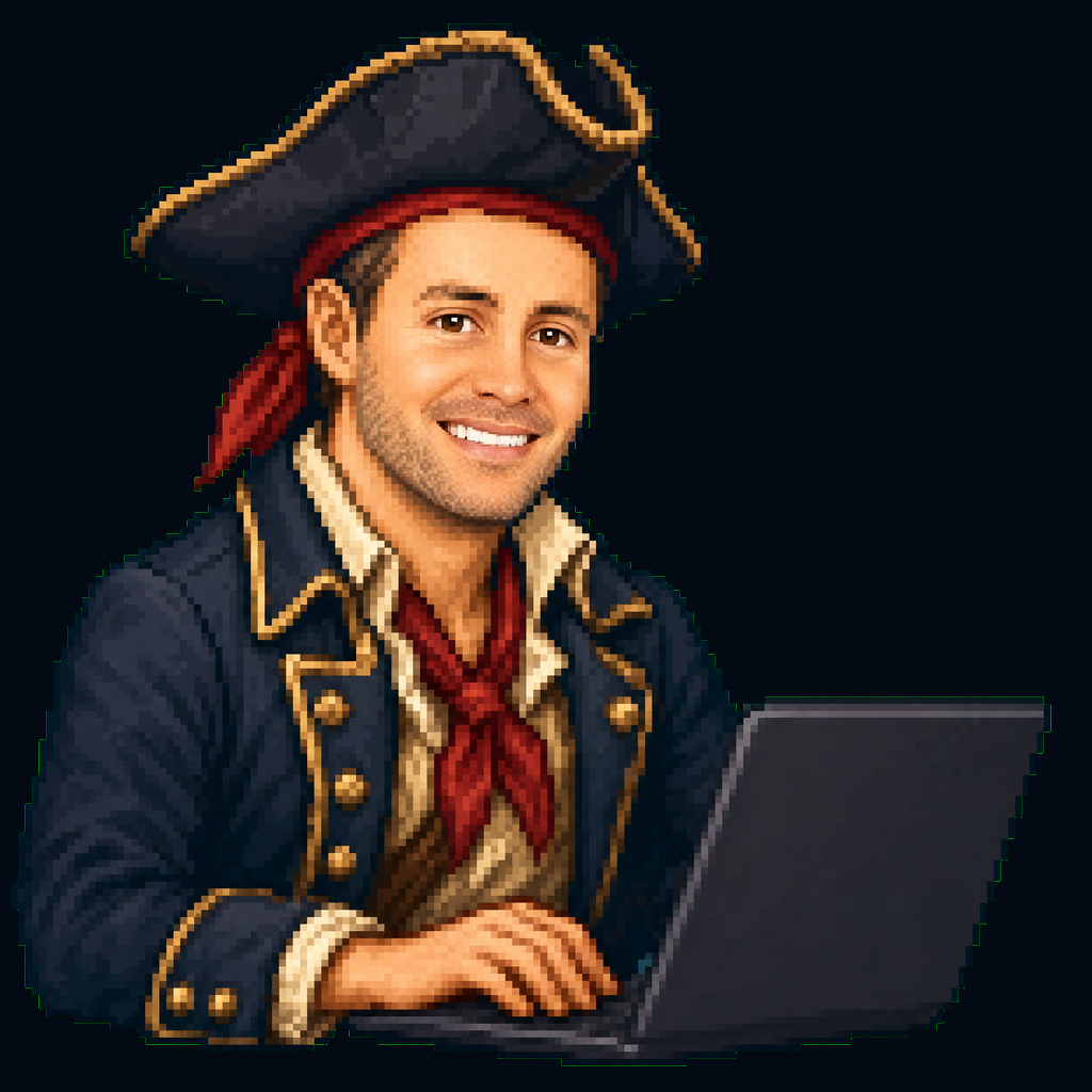 John Ryan Cottam dressed as a pixel-art pirate, building on his laptop