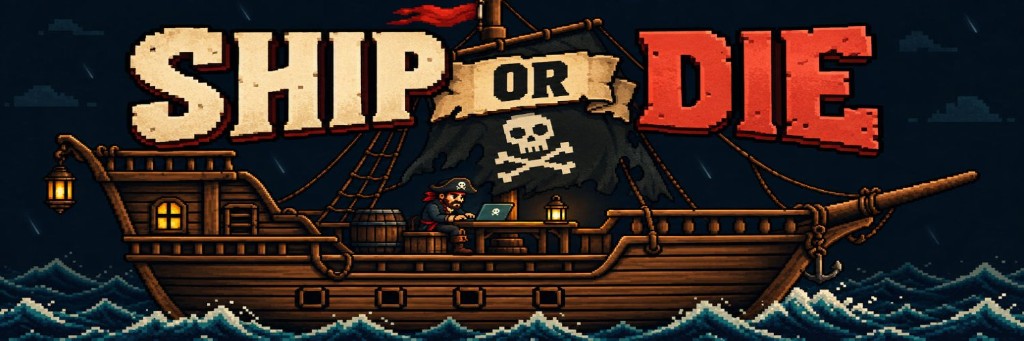 A pixel-art pirate ship at sea beneath the words Ship or Die