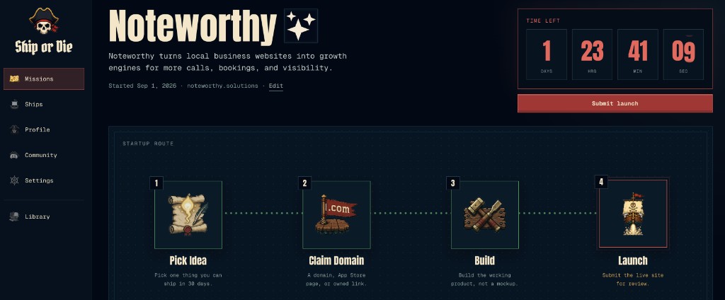 Noteworthy mission dashboard showing less than two days left to launch